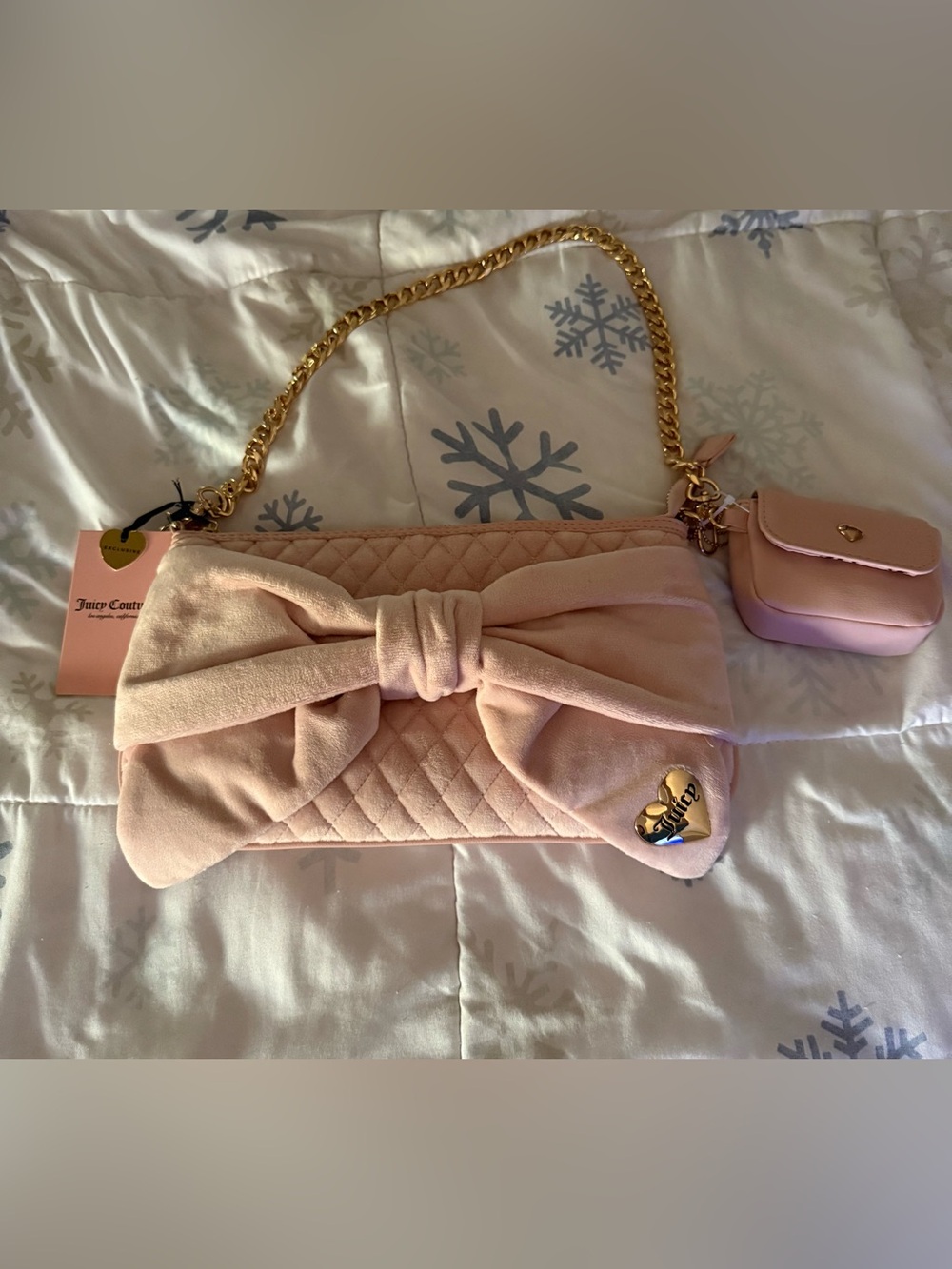 Juicy Couture Light Pink Quilted Bow Heart Shoulder Bag Gold Chain Pouch NWT